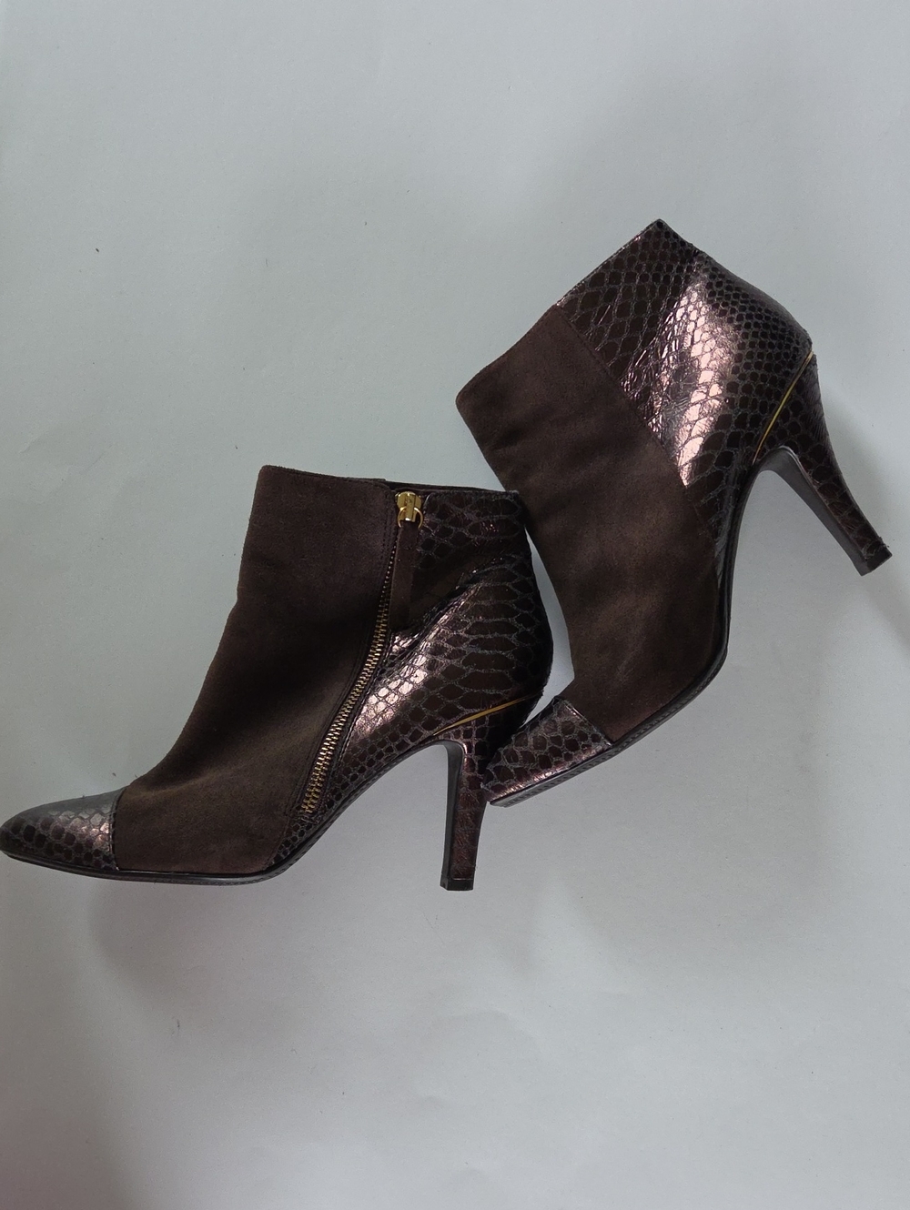Dark Brown Suede High Heel Ankle Booties Sofft Pavan Snake Print Side Zip Boots